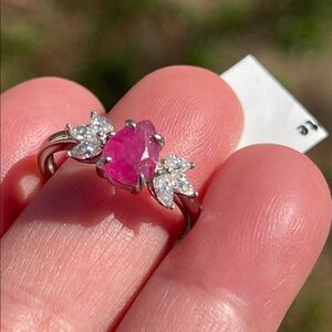Natural Pink Ruby and Moissanite Ring in 925 Sterling Silver Size 7